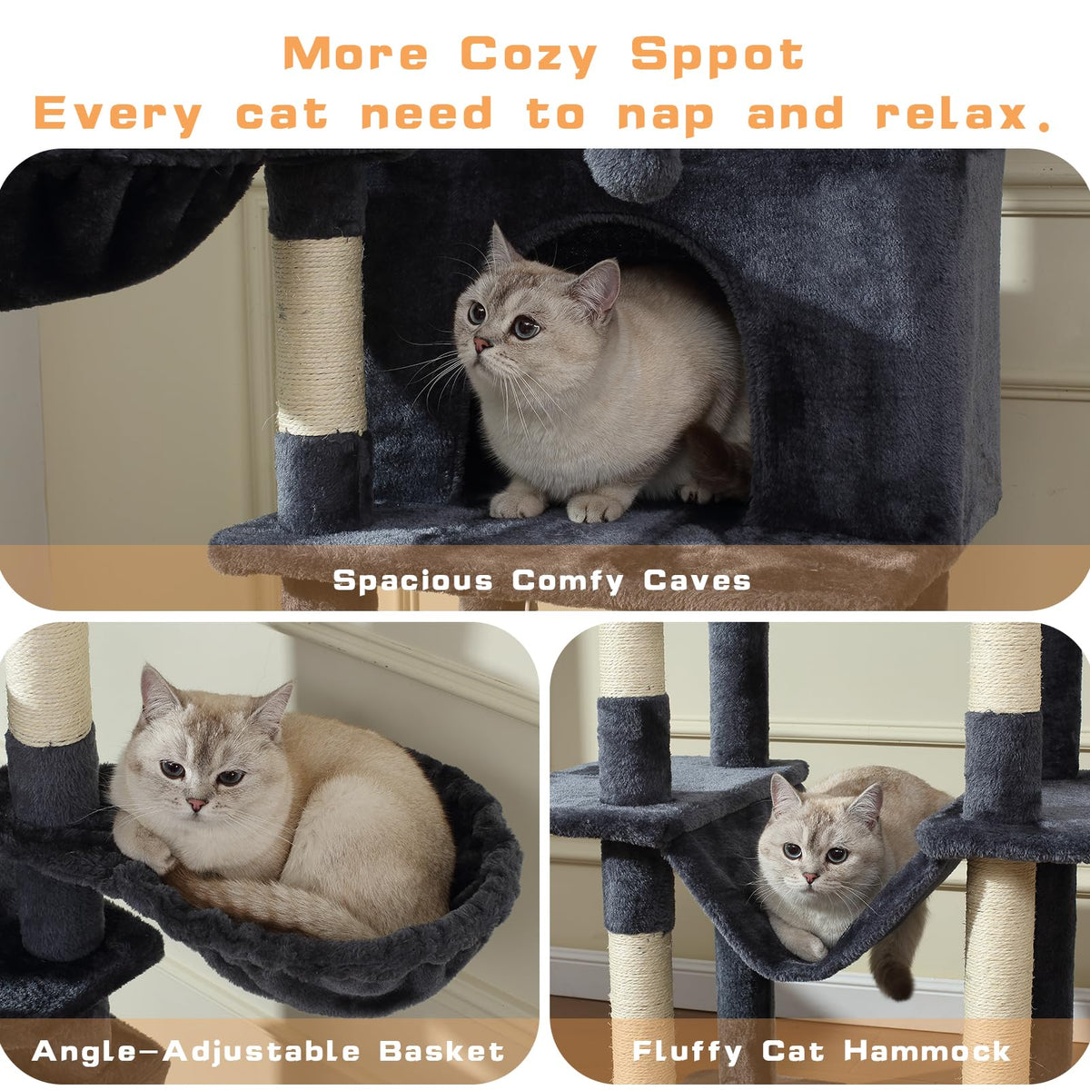 70-Inch Large Cat Tree Tower with Hammock, Scratching Post, Condo, Dark Gray F2482