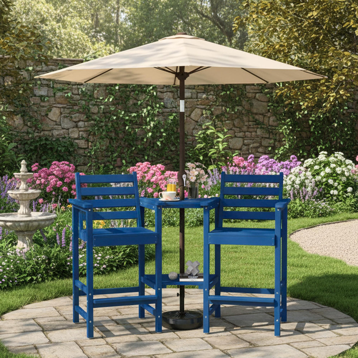 Tall Adirondack Chairs Set of 2, Bar Height HDPE Outdoor Chairs with Connecting Tray & Umbrella Hole, Navy Blue Y200235