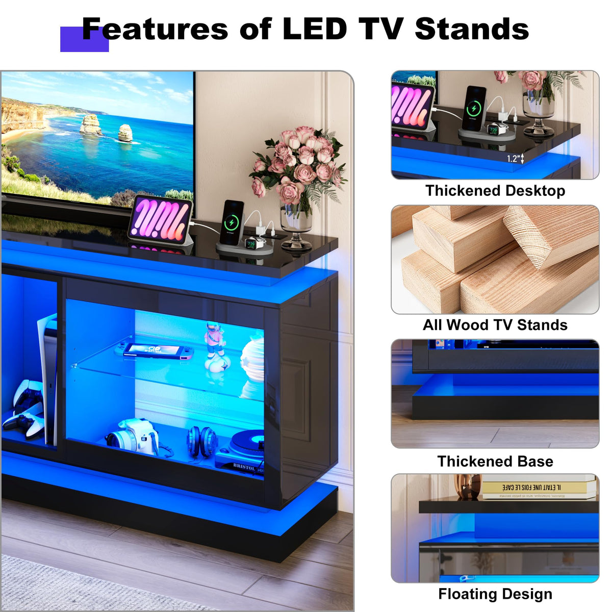 70" TV Stand with LED Lights and Power Outlets, Black P821764
