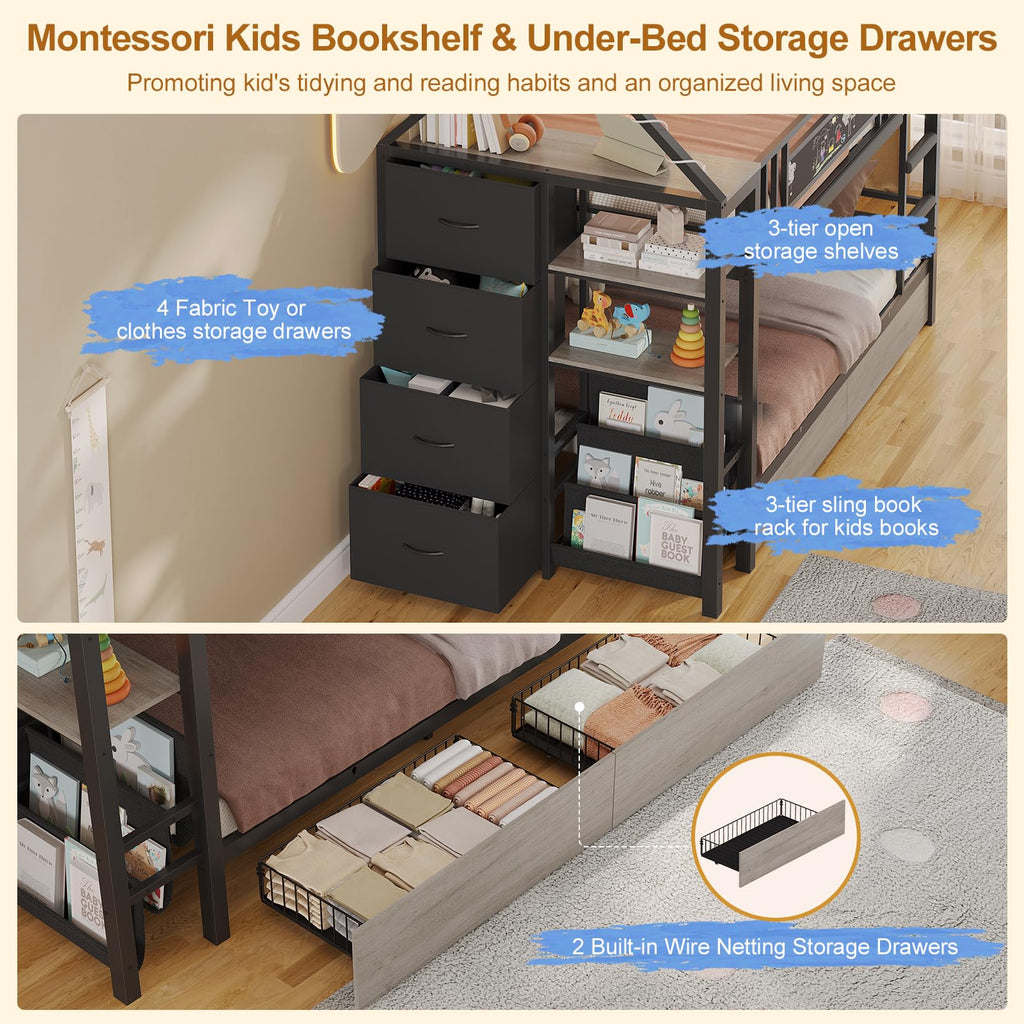 Twin Bunk Bed with Storage Bookshelf, 6 Drawers & USB J6243