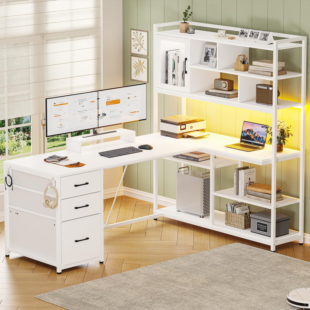 58'' L Shaped Computer Desk with 3 Drawers and Bookshelf Q27440