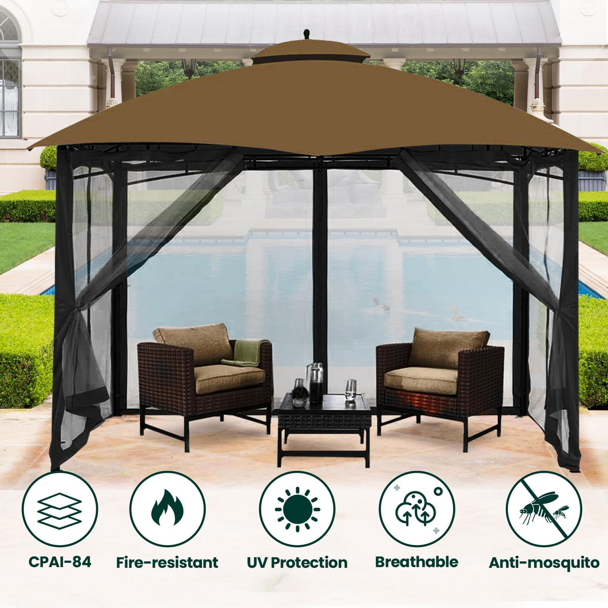 12' x 14' 4-Panel Gazebo Mosquito Netting with Zippers, Black U453