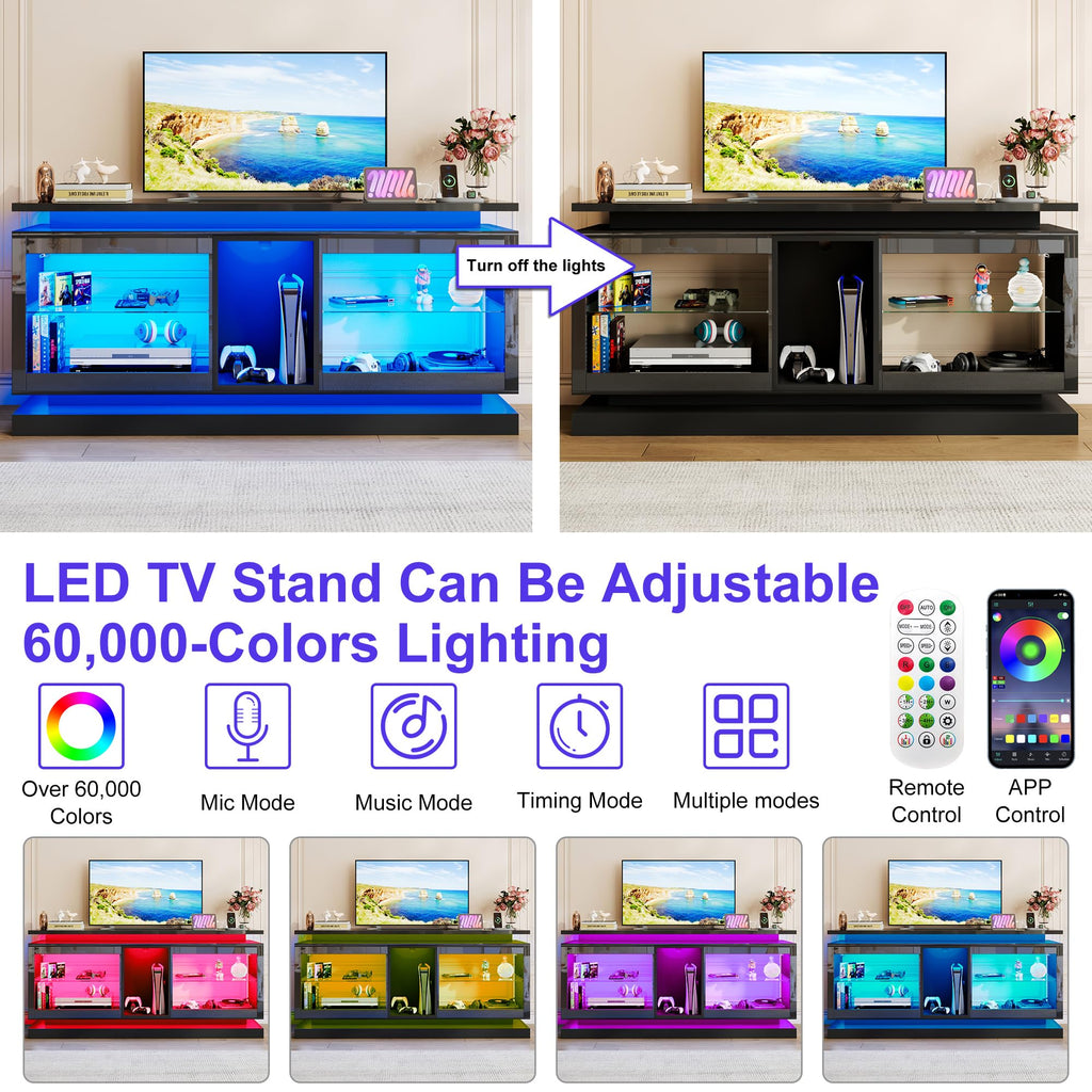 70" TV Stand with LED Lights and Power Outlets, Black P821764