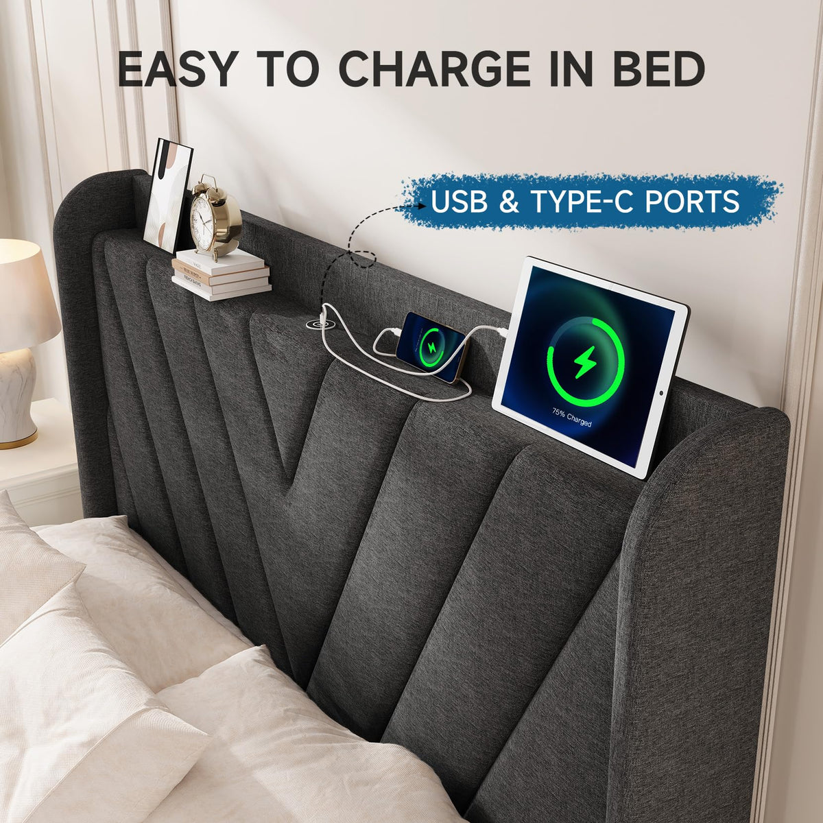 Queen Upholstered Platform Bed Frame with Storage Headboard P323046