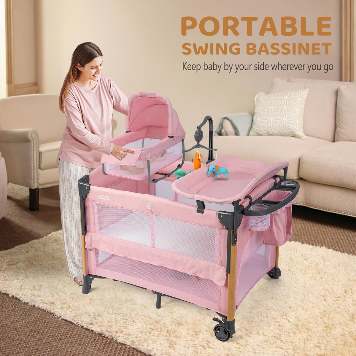 7 in 1 Pink Bedside Bassinet with Changing Table U698