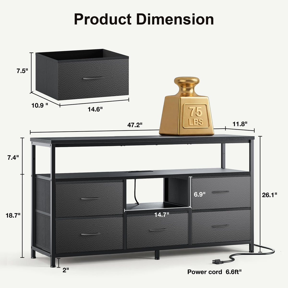 Black 5 Fabric Drawer Dresser TV Stand with LED Lights E551581