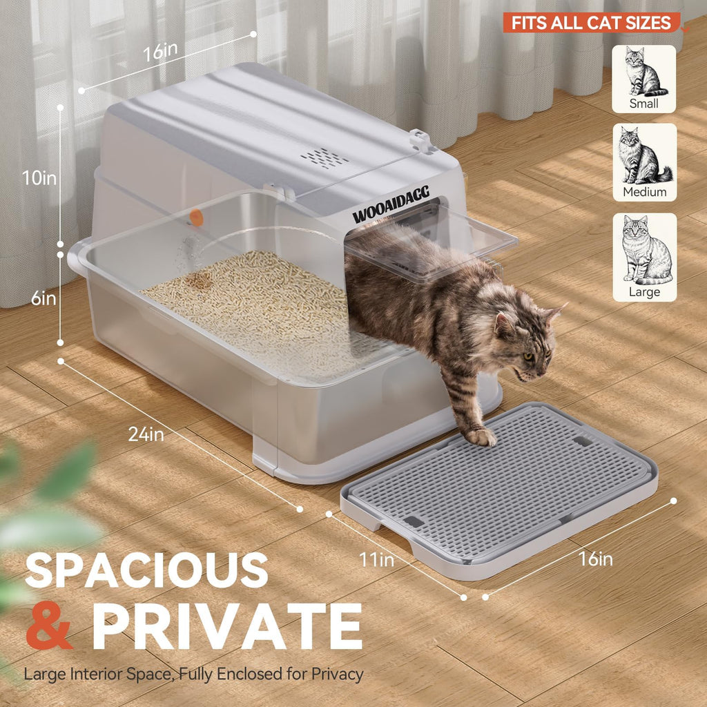 Enclosed Stainless Steel Cat Litter Box with Drawer and Flip Door, Extra Large Light Grey F201