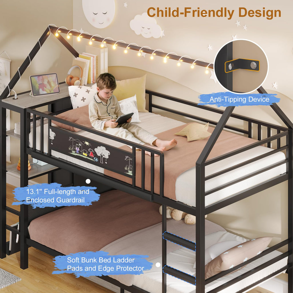 Twin Bunk Bed with Storage Bookshelf, 6 Drawers & USB J6243