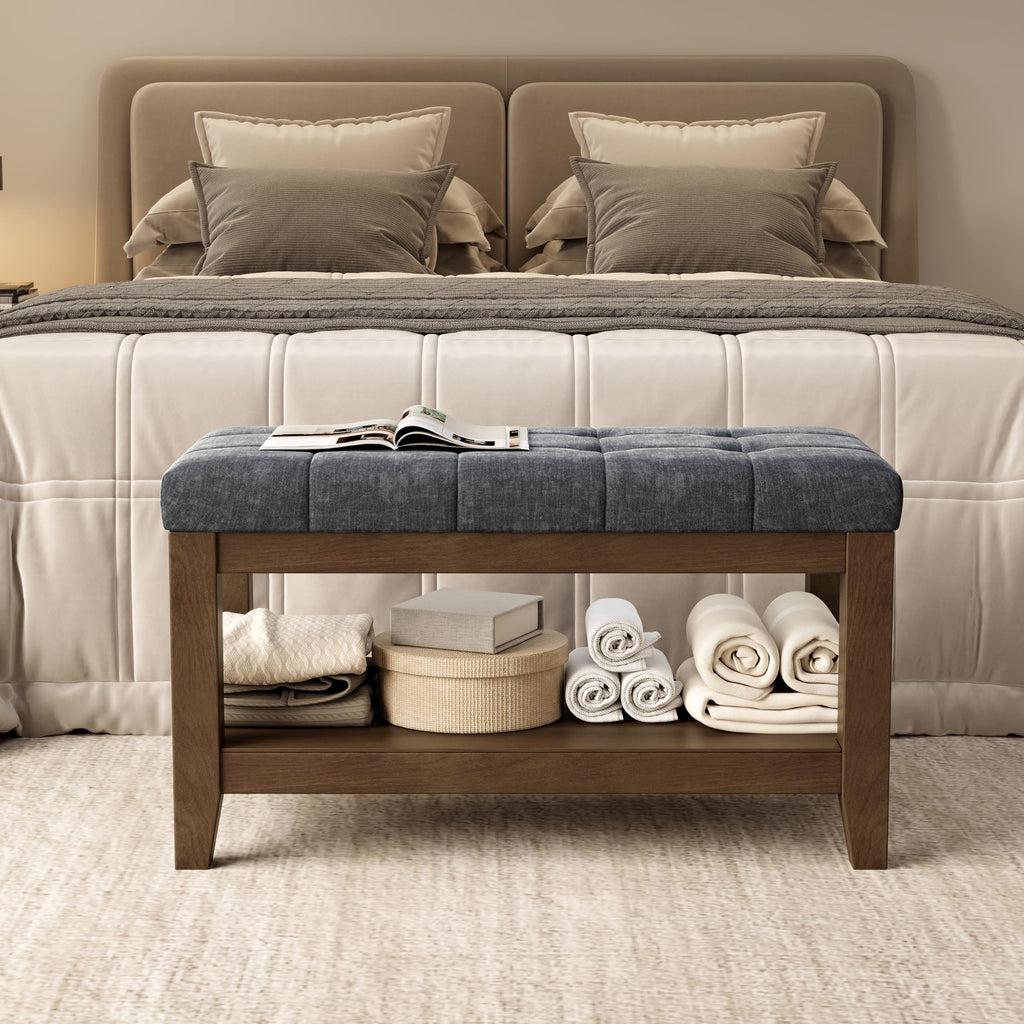 Dark Gray Rubber Wood Chenille Upholstered Shoe Bench R329