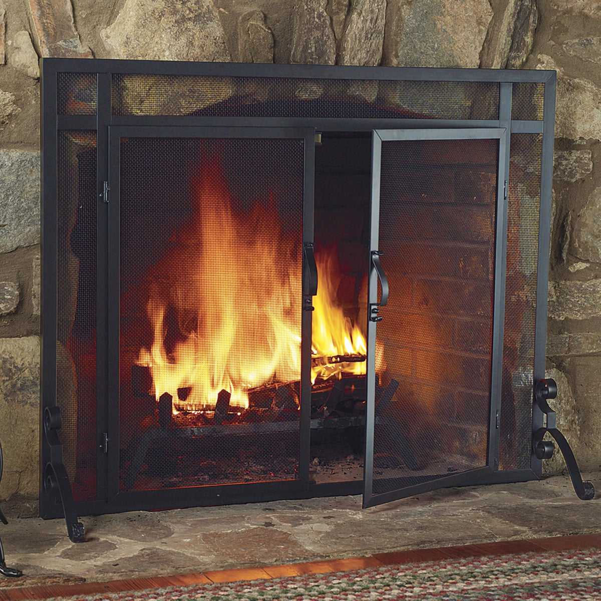 Black Metal Fireplace Screen with Hinged Doors T236759