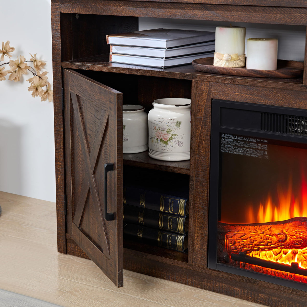 Farmhouse TV Media Stand with 18" Fireplace Insert, Espresso D775