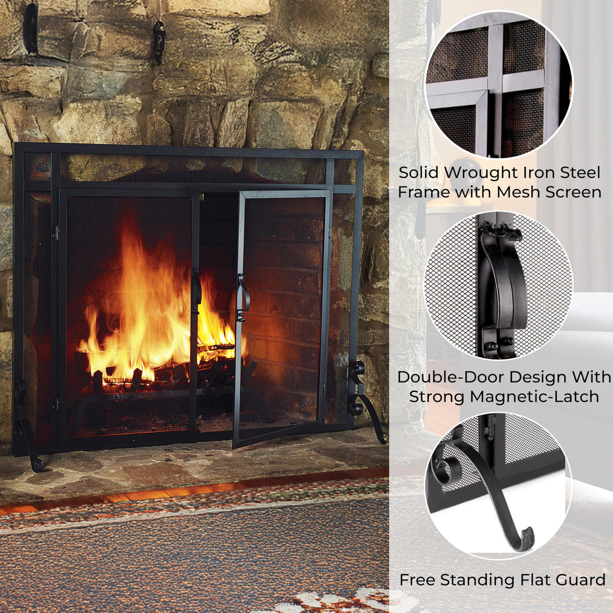 Black Metal Fireplace Screen with Hinged Doors T236759