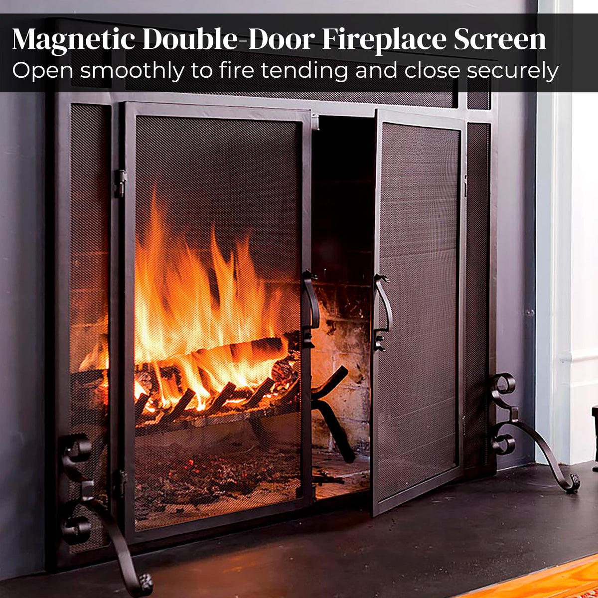 Black Metal Fireplace Screen with Hinged Doors T236759