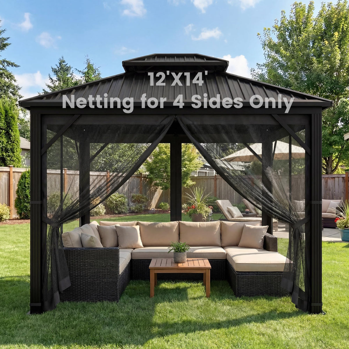 12' x 14' 4-Panel Gazebo Mosquito Netting with Zippers, Black U453